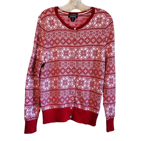 LANDS END Women's M Cardigan Sweater Nordic Snowflake Button Up Supima Cotton - Picture 1 of 8